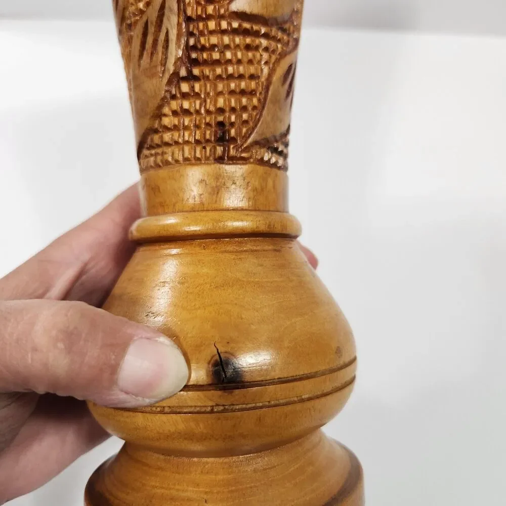 Hand Carved Wooden Vase Vessel Floral Leaf Design Bohemian Style, Boho Tiki